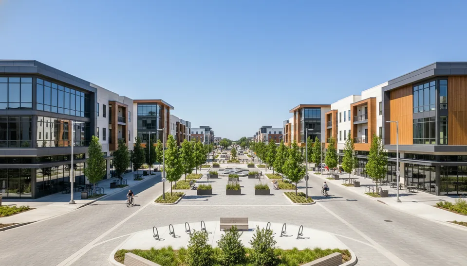 Frisco mixed-use district with modern buildings and pedestrian space