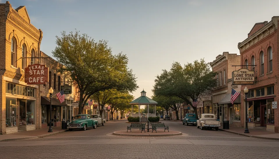 Historic downtown McKinney storefronts and town square
