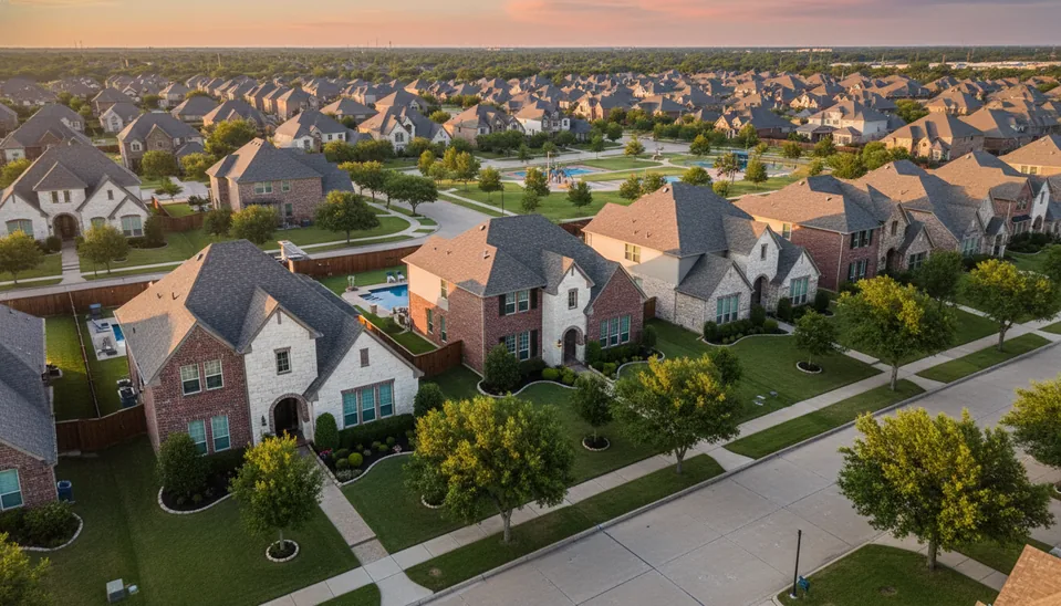 Plano neighborhood aerial with established North Dallas homes
