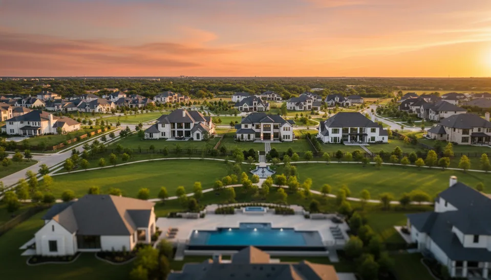 Prosper luxury residential neighborhood at sunset