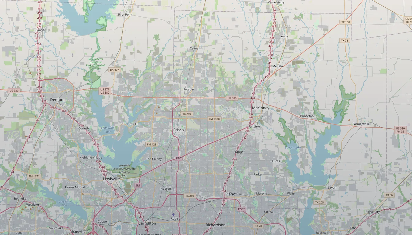 Map of North DFW showing Plano, Frisco, McKinney, Prosper, Celina, and The Colony